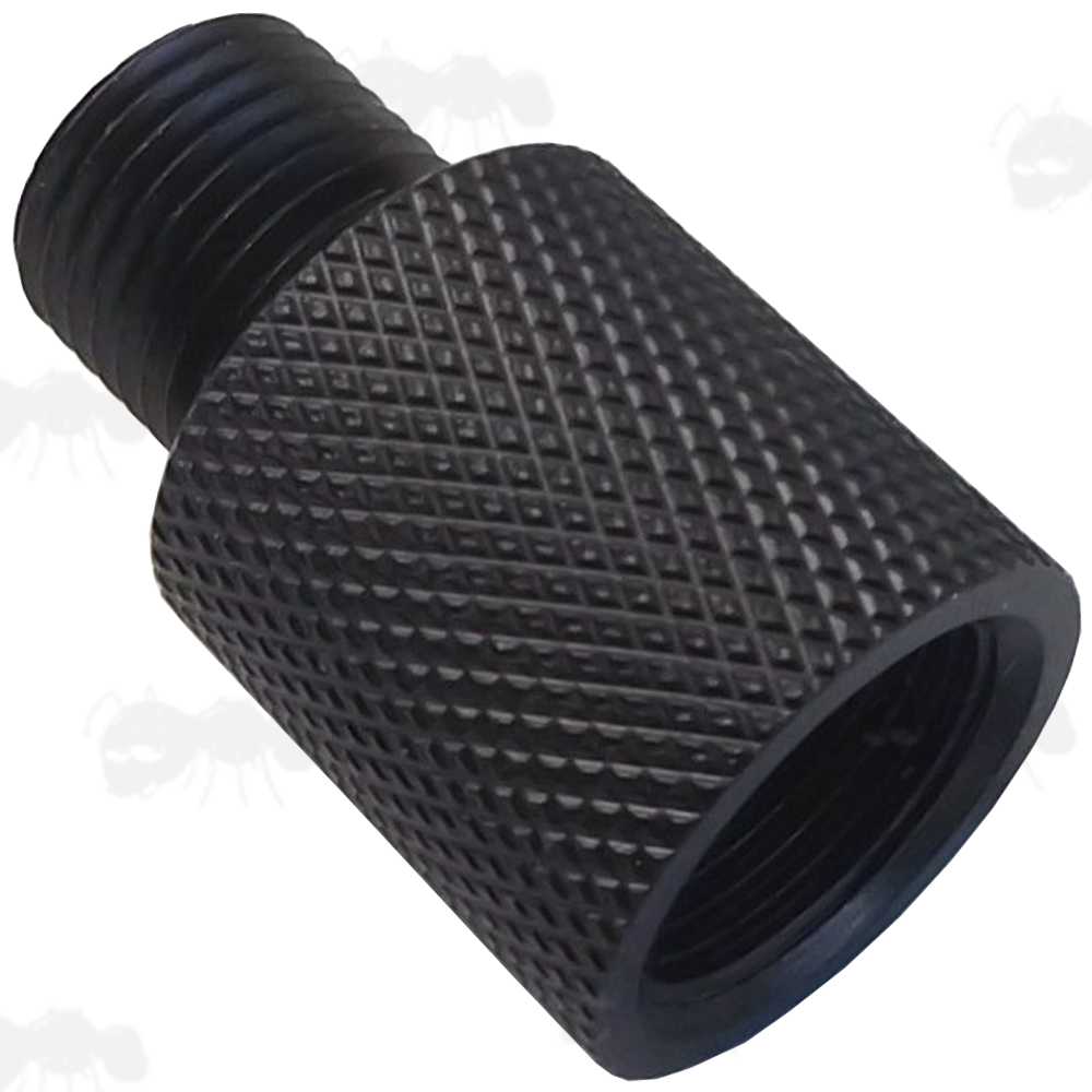 External Thread View of The Black Anodised Alloy Threaded Muzzle Adapter for Umarex Colt M4 Airgun 1/2x20 Silencer
