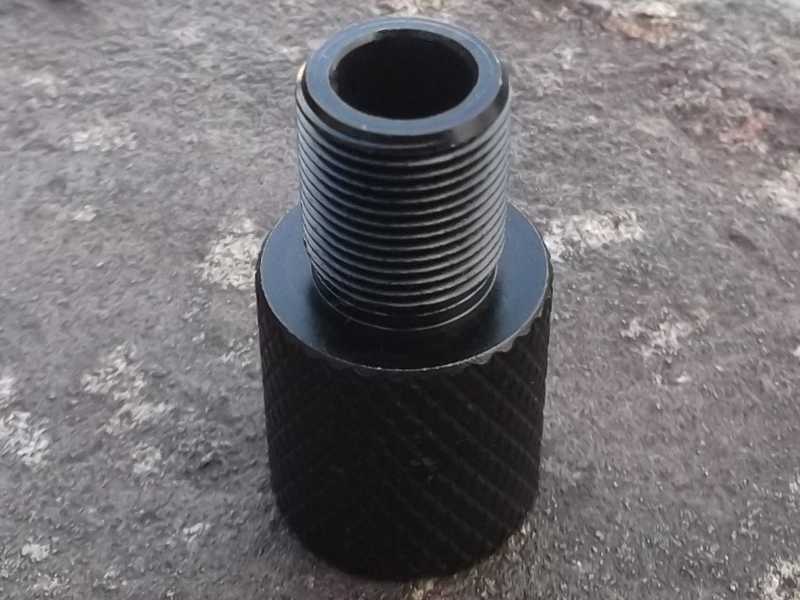 End View of The Black Anodised Alloy M14x1 Left Hand Thread To 1/2x28 TPI Threaded Muzzle Adapter