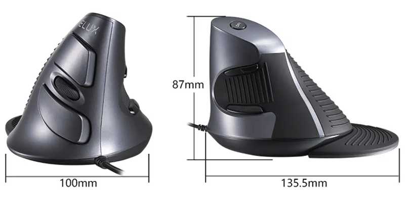 Dimensions Shown of The Wired Vertical Grip Optical Computer Mouse with Optional Wrist Support