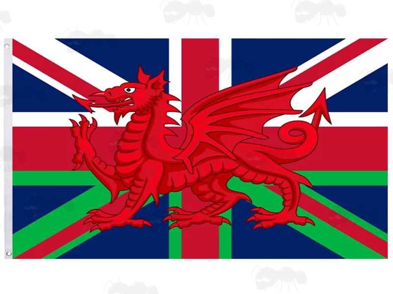 Union and Wales Flag Combination, Welsh Dragon with Green Valleys Base