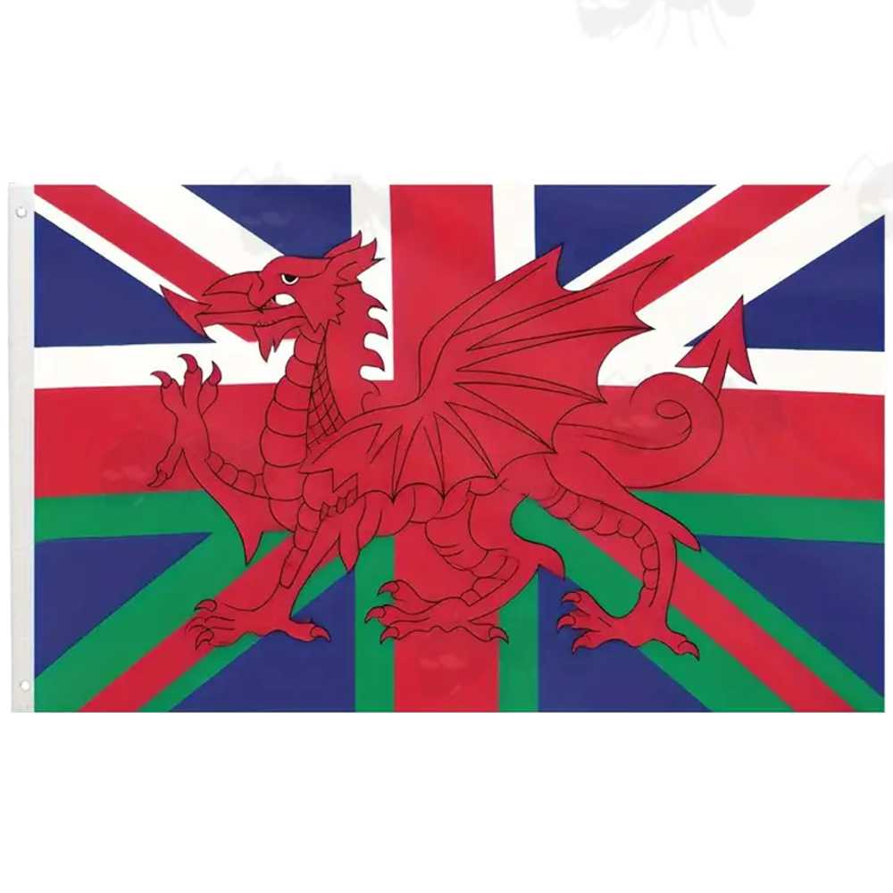 Union and Wales Flag Combination, Welsh Dragon with Green Valleys Base