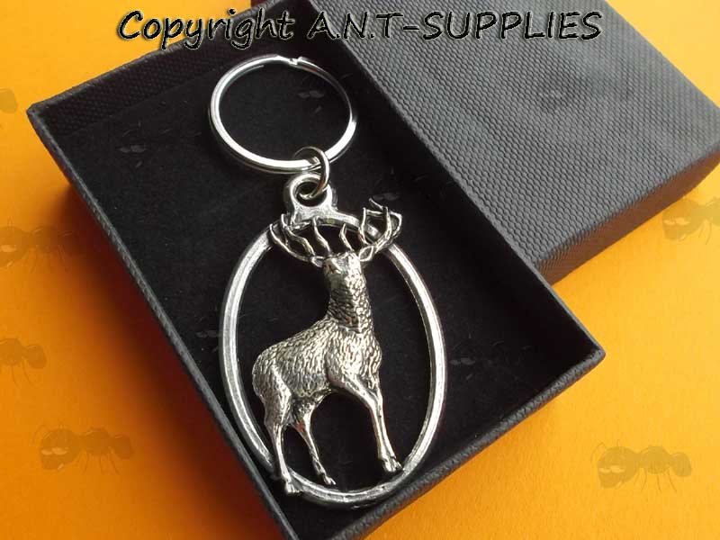 Pewter Keyring of a Standing Stag In a Small Black Card Gift Box with Foam Inserts