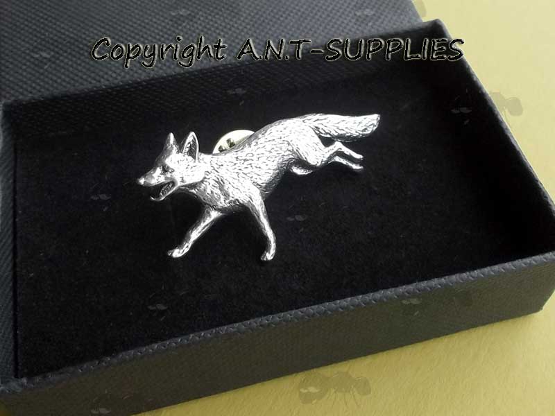 Pewter Pin Badge of a Leaping Fox In a Small Black Card Gift Box with Foam Inserts