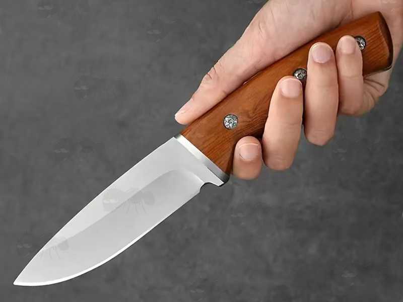 Compact Woodland Style Fixed Full Tang Blade Knife with Wooded Scales, Shown in Hand