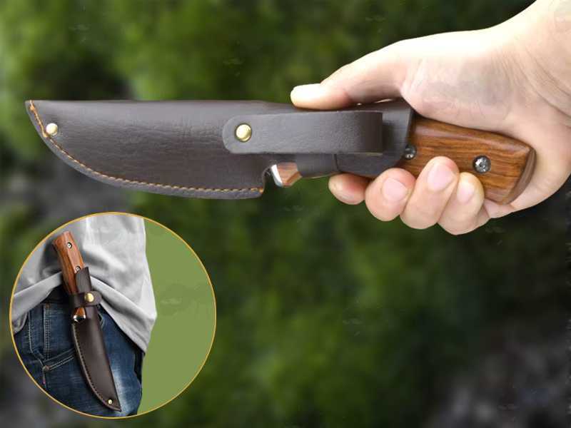 Compact Woodland Style Fixed Full Tang Blade Knife with Wooded Scales, Shown Fitted in Brown Leather Effect Belt Sheath