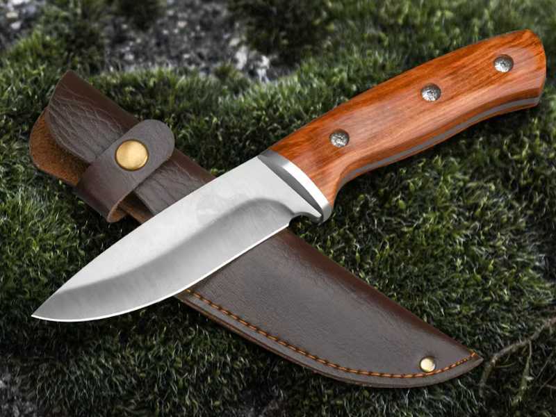 Compact Woodland Style Fixed Full Tang Blade Knife with Wooded Scales and Brown Leather Effect Belt Sheath
