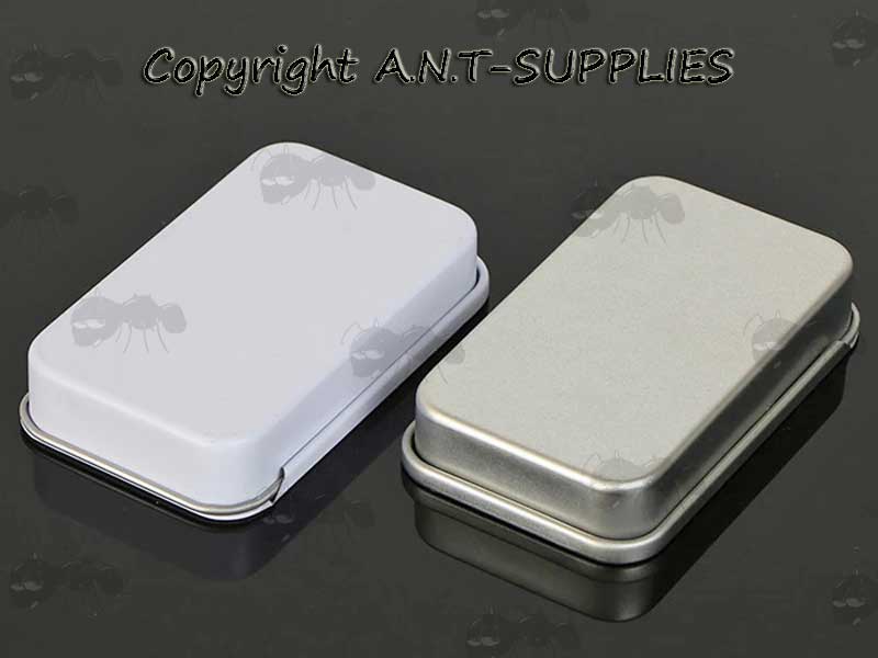 Silver and White Coloured Small Survival Tins with Sliding Lids