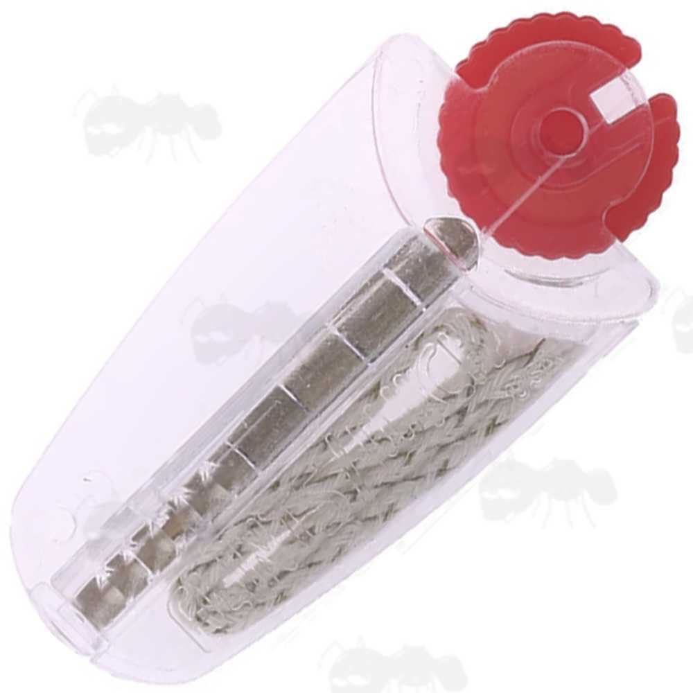 Red and Clear Plastic Dispenser with 7 Flint Stones and One Wick for Oil Lighters