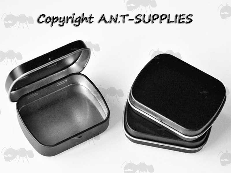 Three Black Coloured Small Silver Coloured Survival Tins with Hinged Lids
