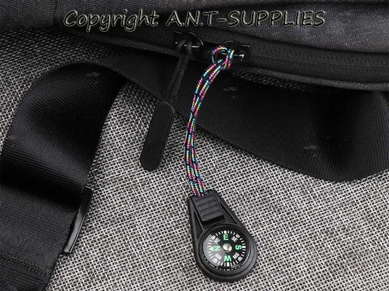 Zipper Pull Compass on Black Canvas Bag Zip