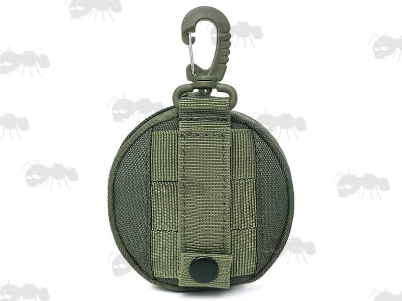 Rear View Of The Green Canvas MOLLE Fitting Small Utility Pouch With Hanger Clip