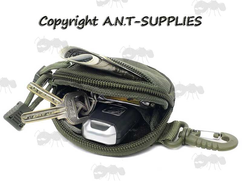 Open Top View Of The Green Canvas MOLLE Fitting Small Utility Pouch With Hanger Clip