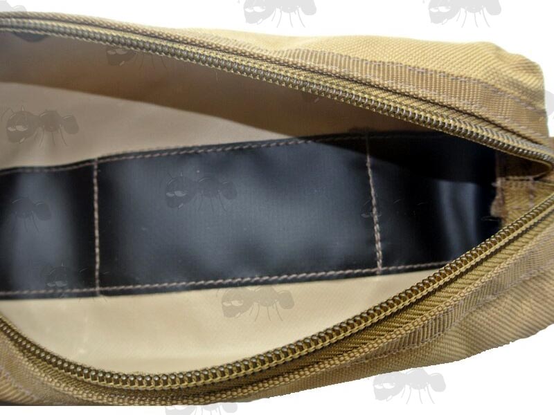 Open Zipper View of The Tan Coloured Canvas Pouch for Take Apart Gun Barrel Cleaning Rod Kits