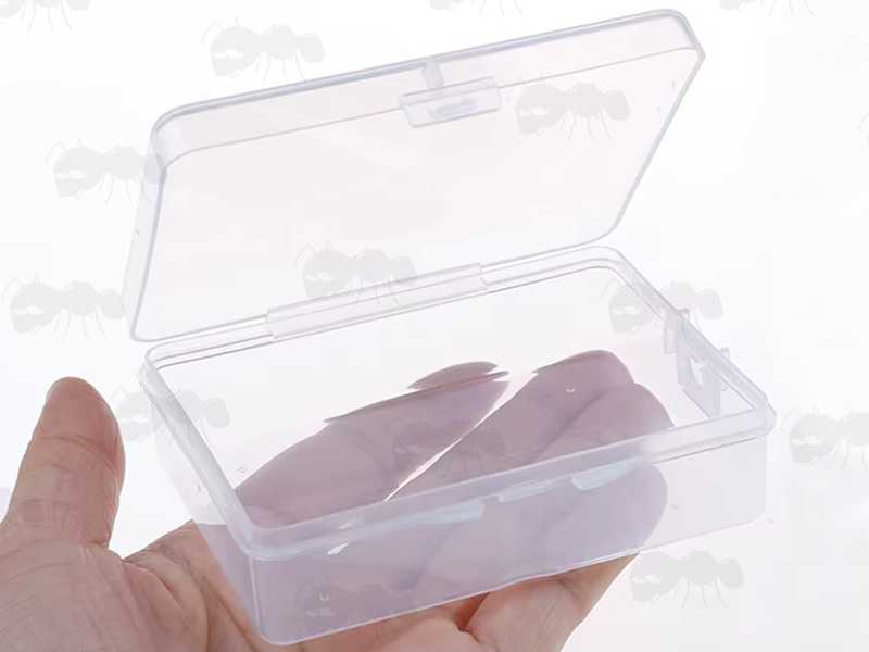 Closed View of The One Compartment Clear Storage Case for Most Sizes of Gun Barrel Cleaning Swabs, Shown in Hand