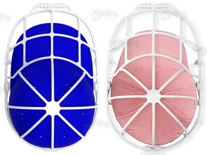 White Plastic Cages, Shown Holding a Blue Adults Sized and Pink Child's Sized Baseball Cap