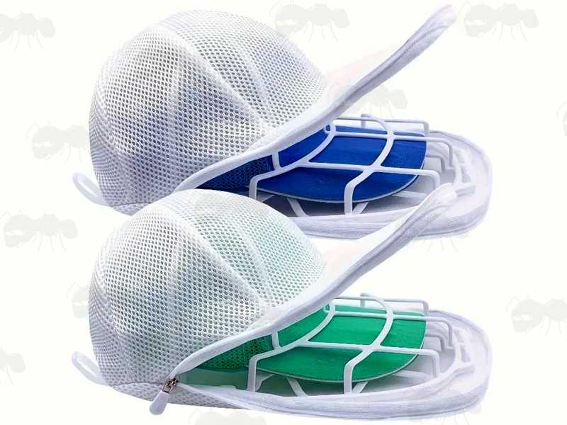 White Netting Washing Machine Bags with White Plastic Cages, Shown with a Blue and a Green Baseball Cap