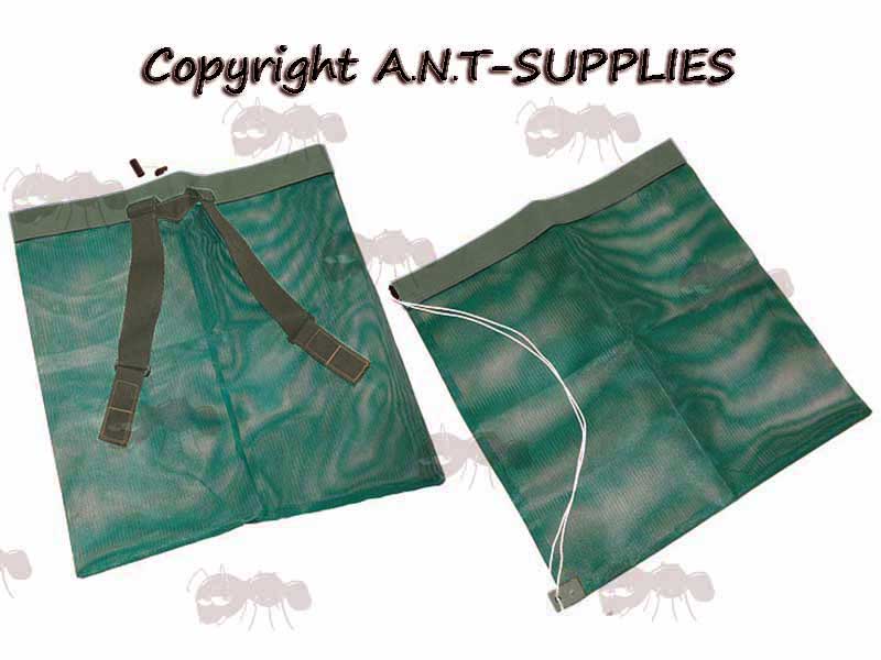 Two Styles Of Bisley Green Mesh Decoy Carry Bags With Drawstrings Or Shoulder Straps