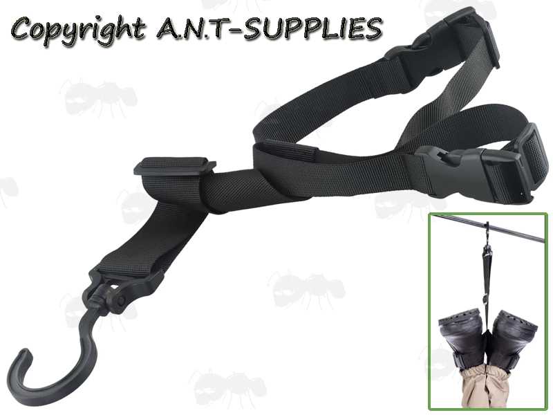 Black Nylon Webbing Straps for Boot Hanging Storage with Swivelling Hook and QD Buckles, Shown in Use