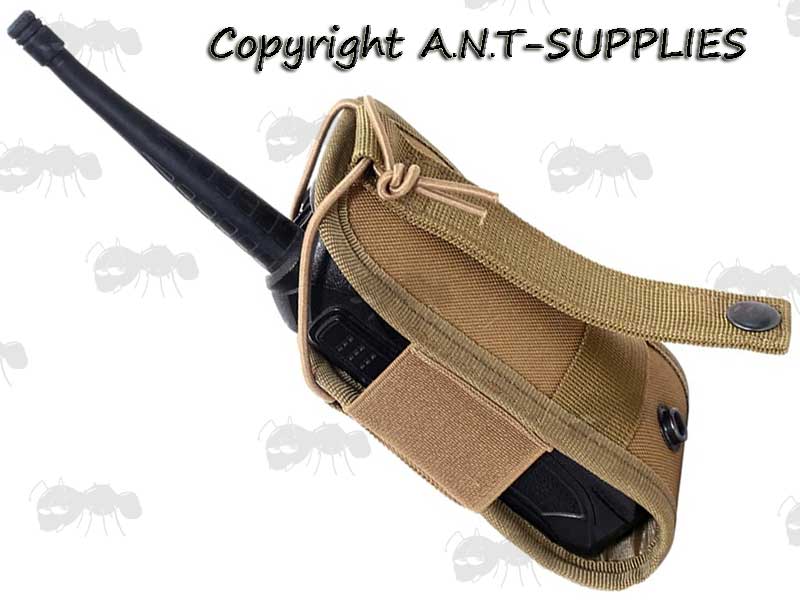 Tan Canvas Communication Device Holster Pouch Shown with Walkie Talkie