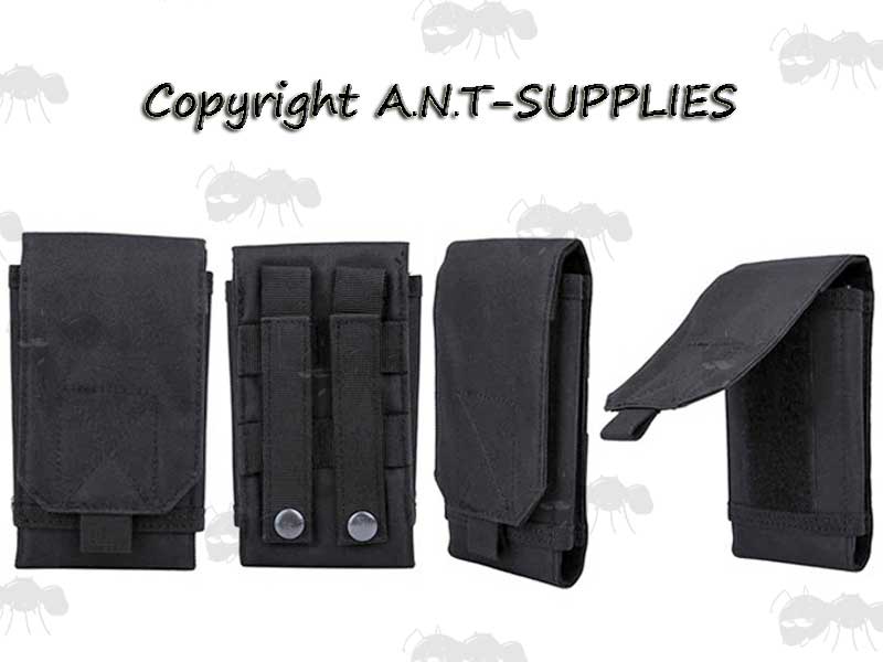 Front, Back and Side View of The Flat Black Canvas Smart Phone Pouch