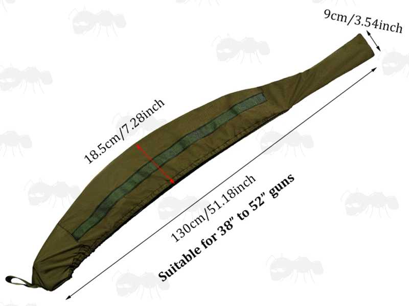 Dimensions of The Green Coloured Elastic Rifle Cover Slip Bag with Elasticated Rim for Gun with Silencer, Scope and Bipod Fitted