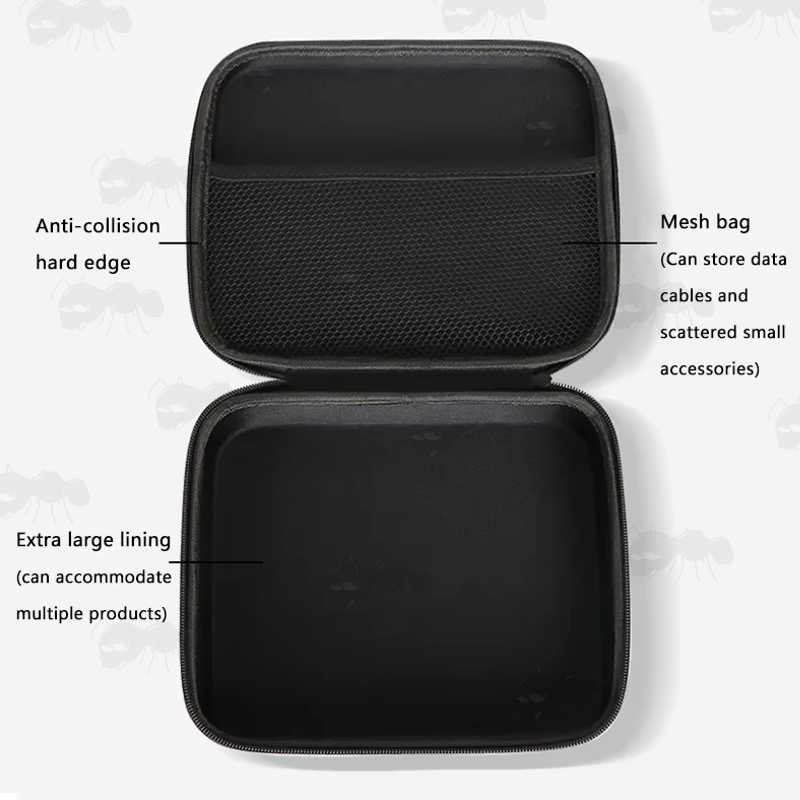 Opened View of A Small Black EVA Rigid Foam Storage Case for Protecting Small Items, Showing The Large Compartment and Mesh Pocket