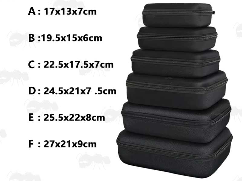 Stacked View of All Size Available Sizes of The Small Black EVA Rigid Foam Storage Cases for Protecting Small Items, Size A to F