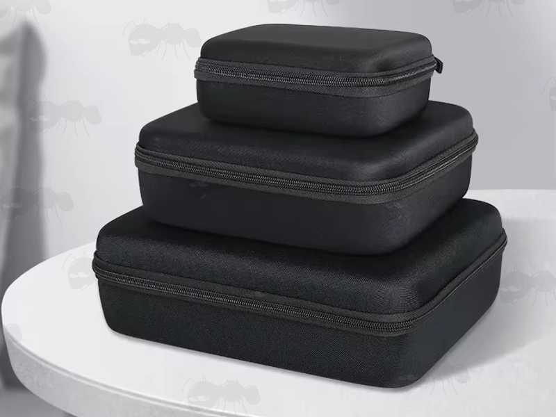 Stacked View of Three of The Sizes of The Small Black EVA Rigid Foam Storage Cases for Protecting Small Items, Size A, D and F