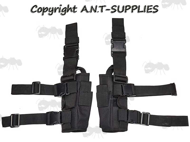 Left and Right Handed Fully Adjustable Drop-Leg Pistol Holsters in Black