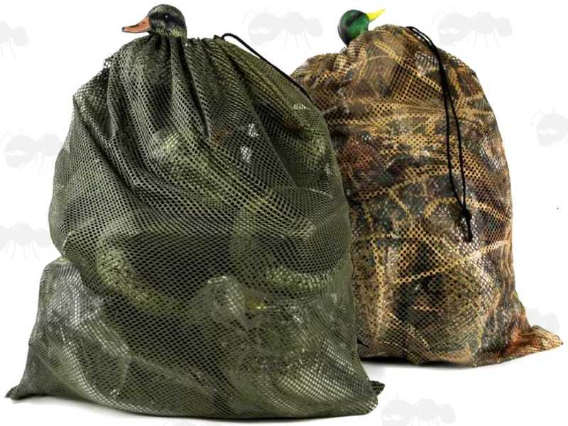Green and Reed Camouflage Coloured Mesh Decoy Carry Bags with Drawstrings and Shoulder Straps, Shown Filled with Decoys