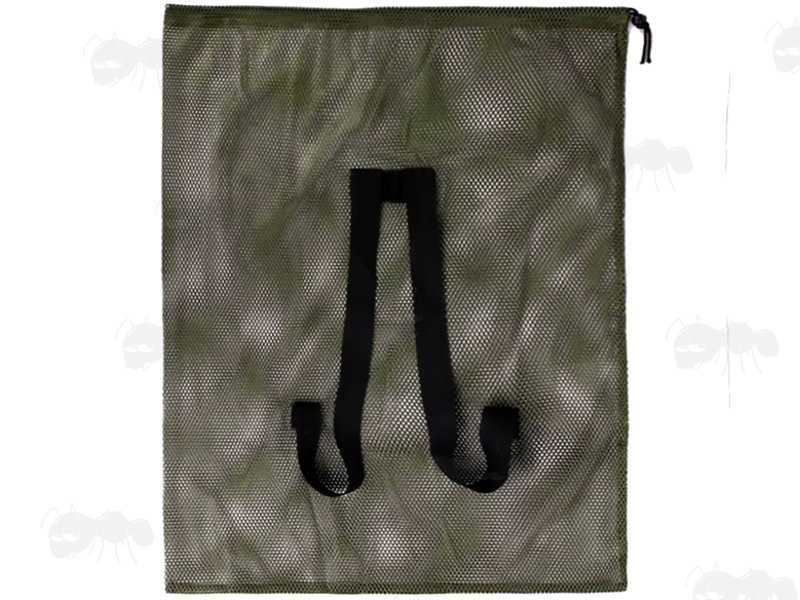 Back Shoulder Strap View on The Green Mesh Decoy Carry Bag with Drawstring