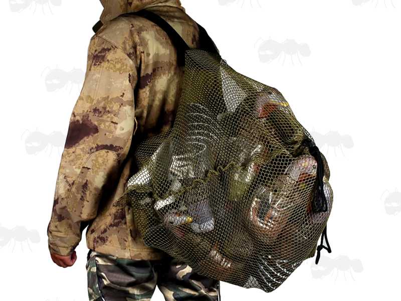 Green Mesh Decoy Carry Bag with Drawstring and Shoulder Straps, Shown Filled with Decoys Carried on Back