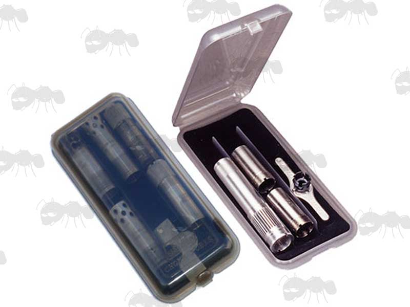 Open and Closed View of The MTM CASE-GARD Model CT3 Choke Tube Clear Smokey Cases With Chokes