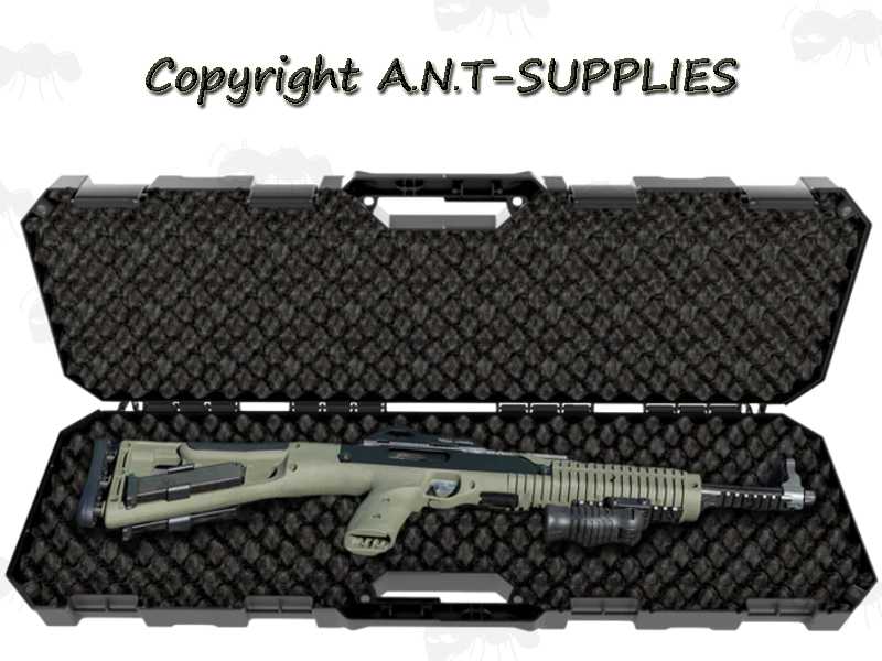 Open View of The MTM CASE-GARD Model RC34 Hard Plastic Carbine Rifle Carry Case with Egg Foam Padding, Shown with Rifle Inside