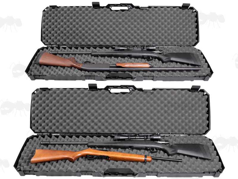 Open View of Two MTM CASE-GARD Model RC51 Hard Plastic Double Rifle with Scopes or Shotgun Carry Cases with Egg Foam Padding, Shown with Scoped Rifle and Shotguns Inside