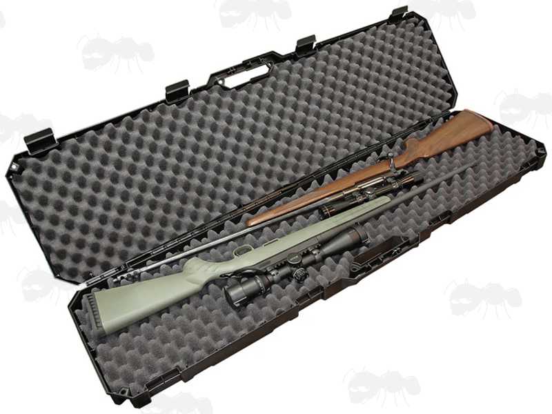 Open View of The MTM CASE-GARD Model RC51 Hard Plastic Double Rifle with Scopes or Shotgun Carry Case with Egg Foam Padding, Shown with Two Scoped Rifles Inside