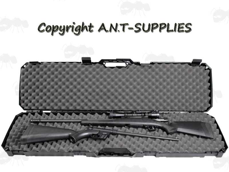 Open View of The MTM CASE-GARD Model RC51 Hard Plastic Double Rifle with Scopes or Shotgun Carry Case with Egg Foam Padding, Shown with Two Rifles Inside