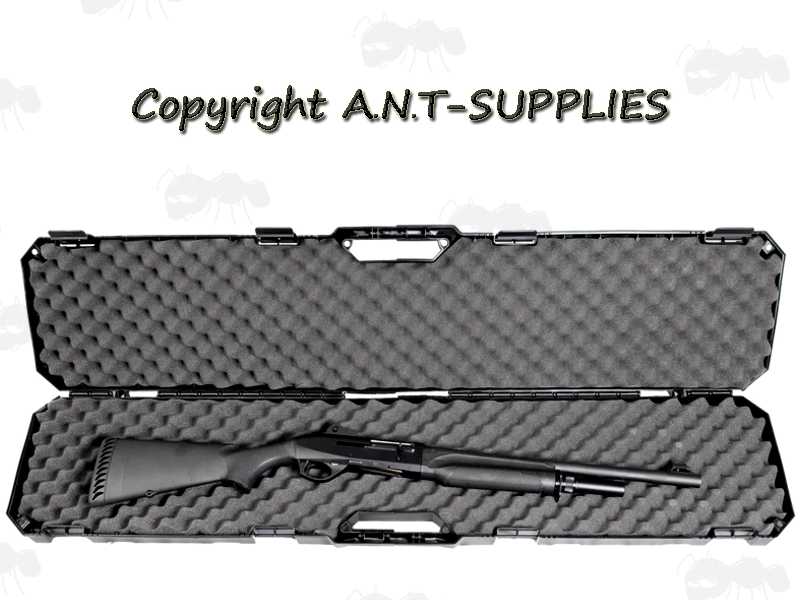 Open View of The MTM CASE-GARD Model RC51 Hard Plastic Rifle with Scope or Shotgun Carry Case with Egg Foam Padding, Shown with Single Barrel Shotgun Inside