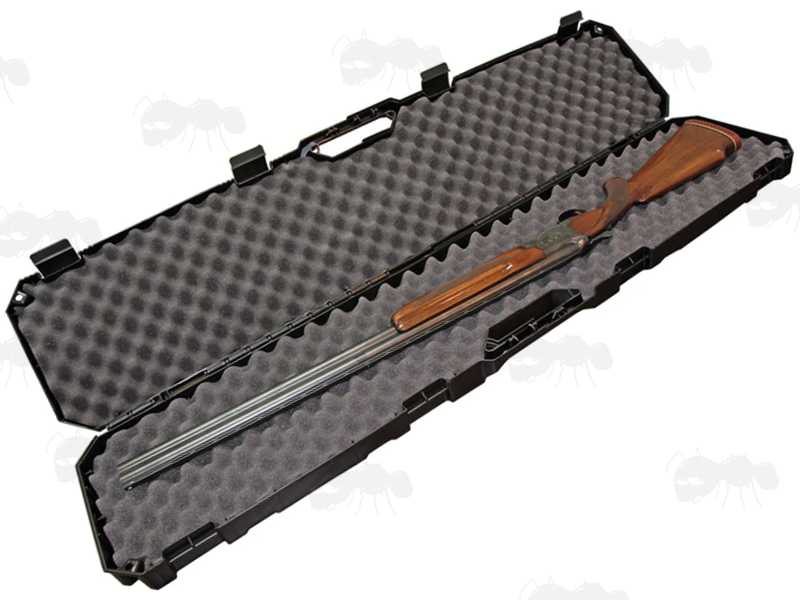 Open View of The MTM CASE-GARD Model RC51 Hard Plastic Rifle with Scope or Shotgun Carry Case with Egg Foam Padding, Shown with Over and under Barrel Shotgun Inside