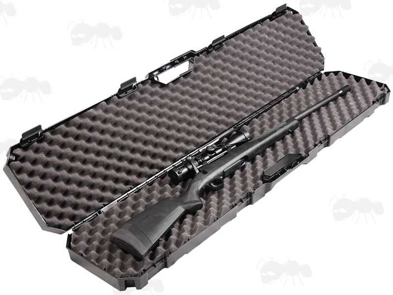 Open View of The MTM CASE-GARD Model RC51 Hard Plastic Rifle with Scope or Shotgun Carry Case with Egg Foam Padding, Shown with Scoped Rifle Inside