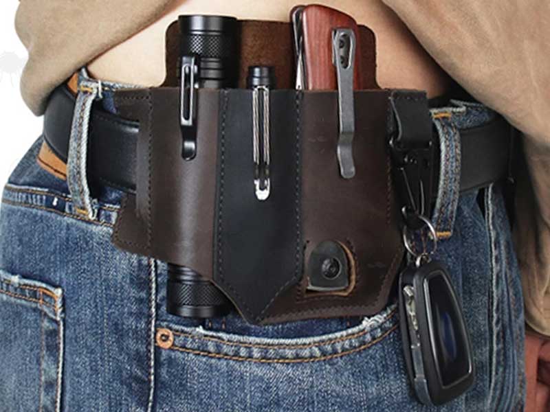 Dark Brown Imitation PU Leather Belt Loop Fitting Multi-Tool Holster Organiser Pouches Shown Fitted on a Belt, with Pocket Knife, Pen, Torch and Car Keys