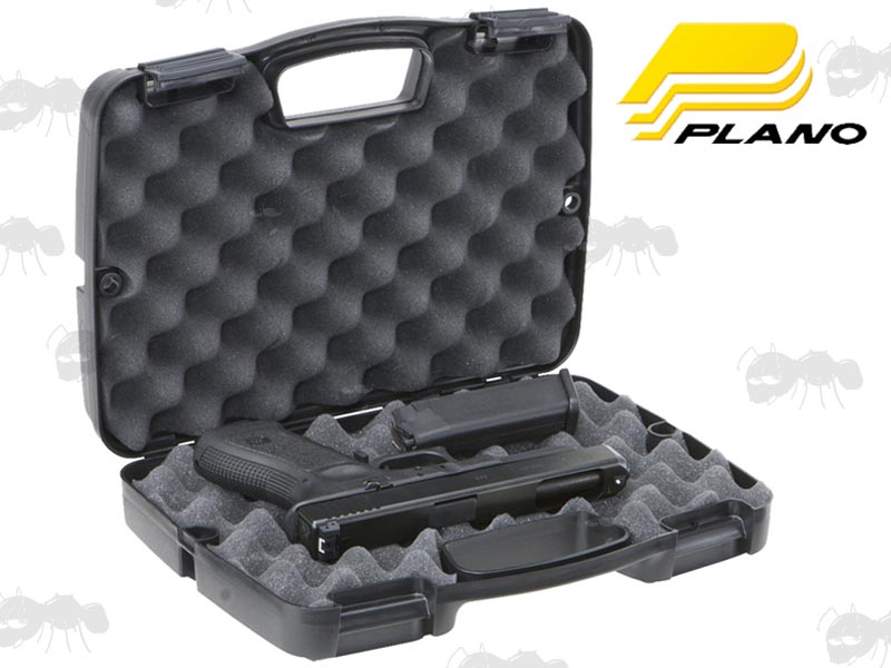 Open View of The Plano Special Edition Single Pistol Case With Black Pistol and Magazine