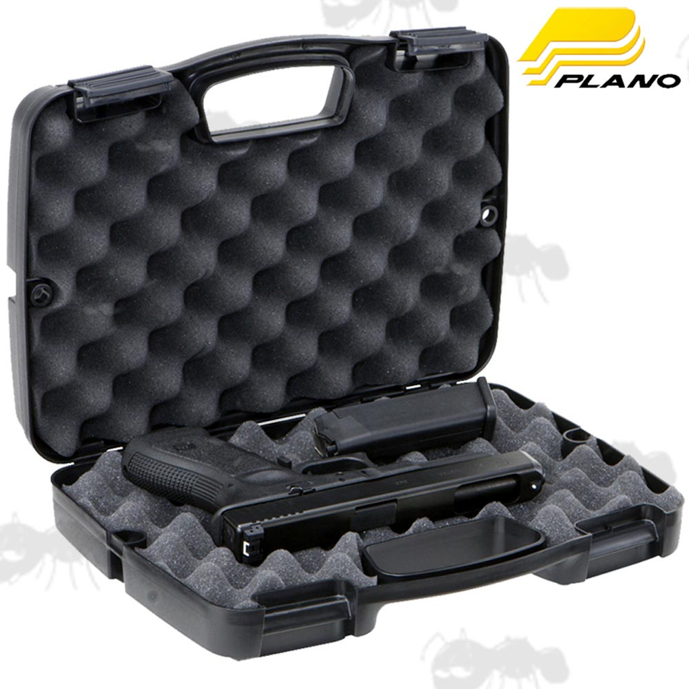 Open View of The Plano Special Edition Single Pistol Case With Black Pistol and Magazine
