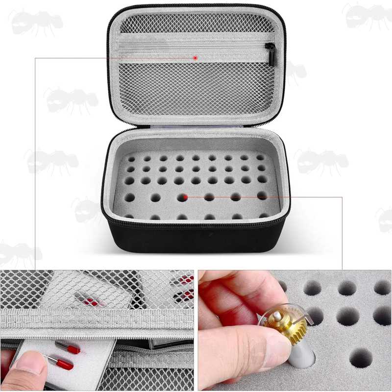 Open View of The Foam Padding Black Soft Canvas Storage Case, Shown with Cricut Maker Blades
