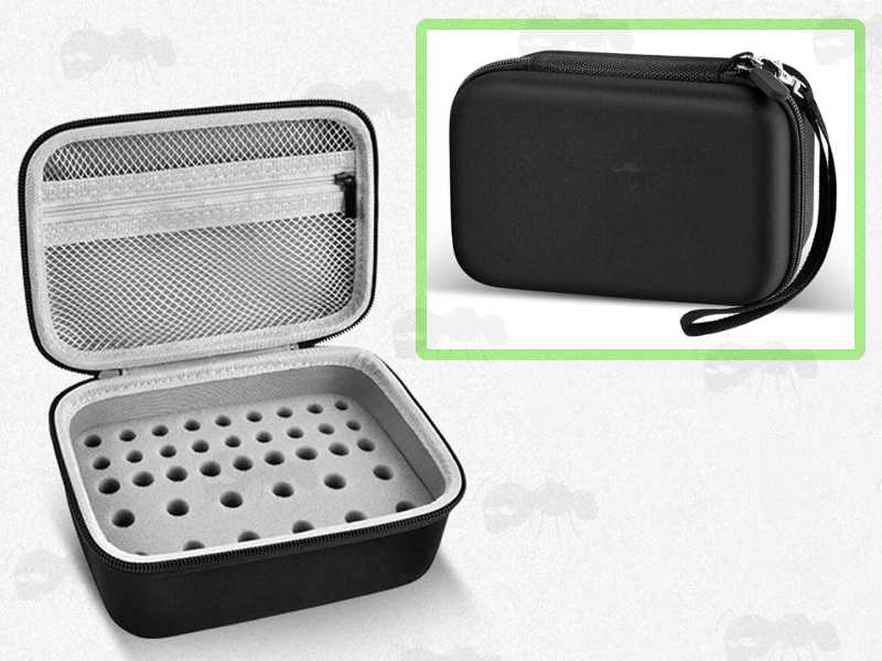 Open and Closed View of The Foam Padding Black Soft Canvas Storage Case, Shown with Cricut Maker Blades