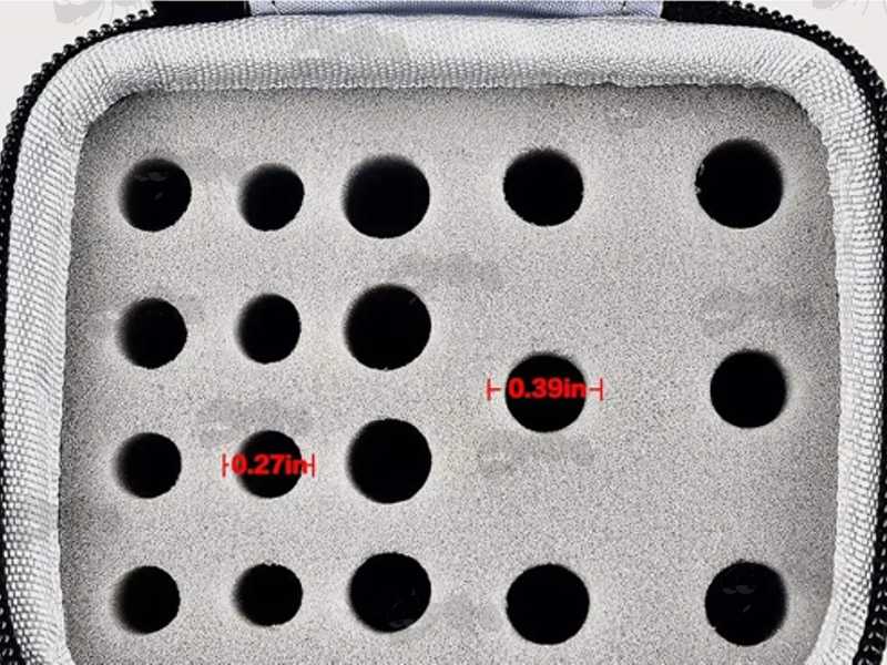 Open View of The Small Foam Padding Black Soft Canvas Storage Case, with Hole Dimensions