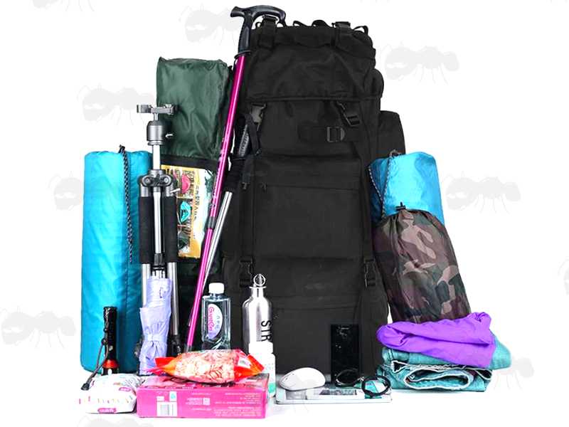 Large Black Tactical Backpack, Shown with Possible Contents Removed to Illustrate Capacity