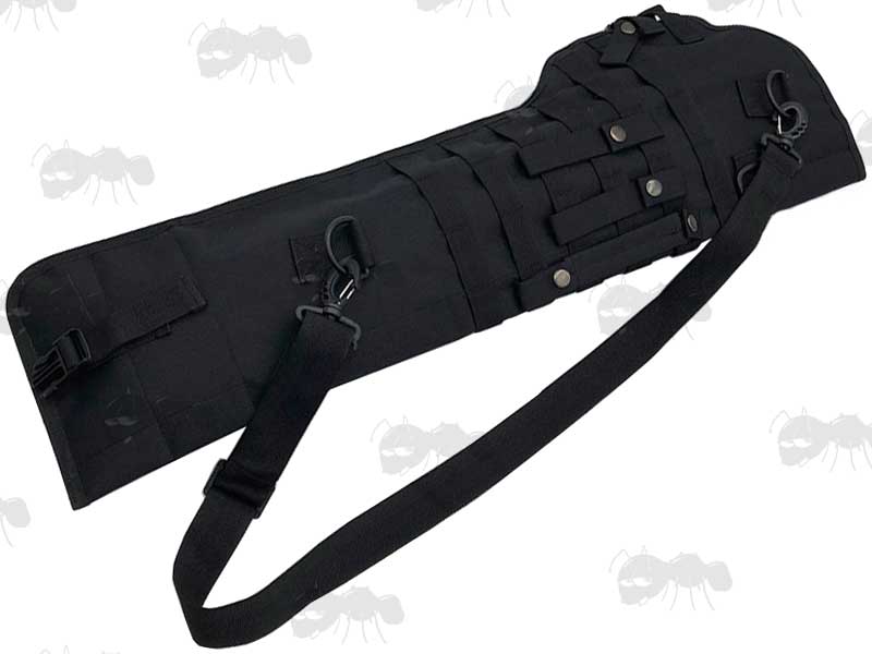 Rear View of The Black Canvas Tactical Rifle Scabbard With MOLLE Webbing and Detachable PAL Straps, Carry Handle and Shoulder Strap