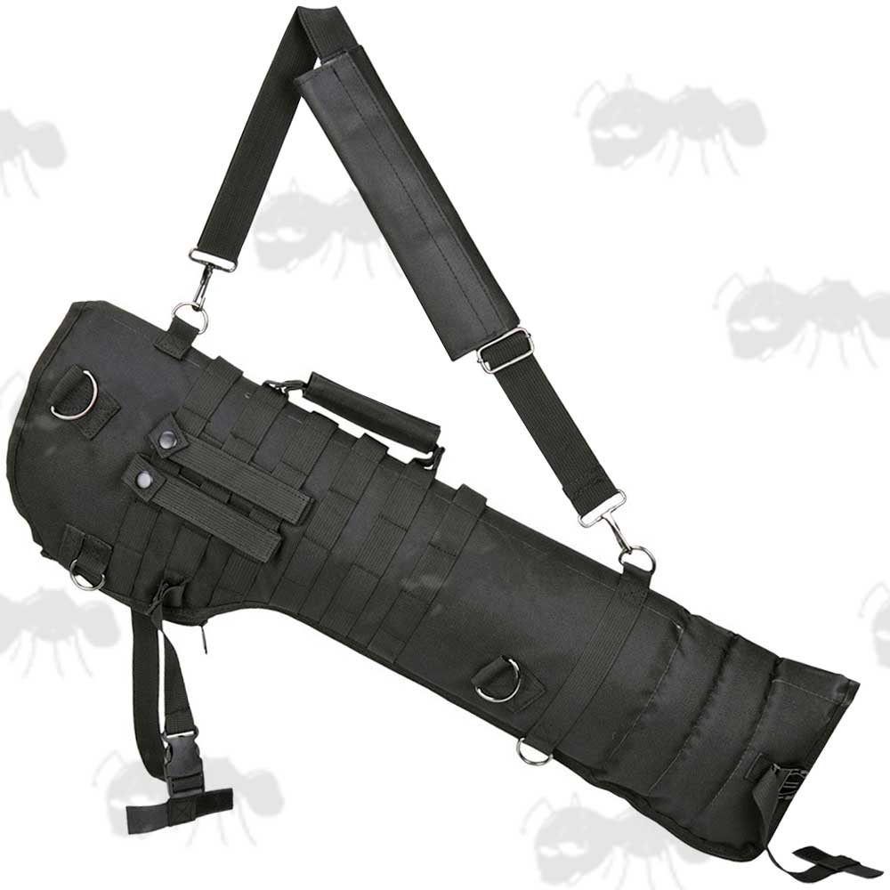 Black Canvas Tactical Rifle Scabbard With MOLLE Webbing and Detachable PAL Straps, Carry Handle and Shoulder Strap