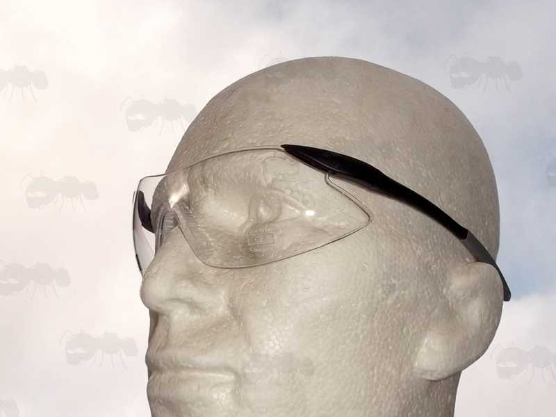 Pair of EyeLevel Safety Target Shooting Glasses with Clear Lenses Shown On a Mannequin Head
